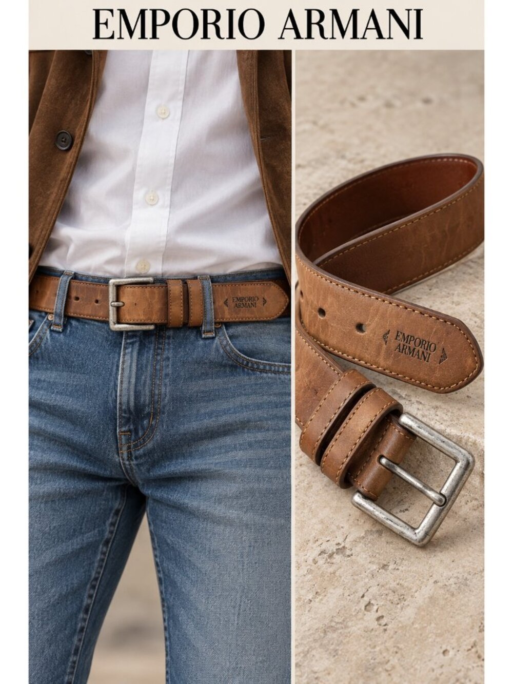 Emporio Armani Vintage Brown Genuine Leather Belt 90/36 Made in Italy